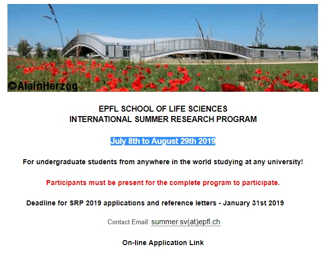 EPFL Summer Research Fellowships 2022 for Undergraduate International Students – Switzerland