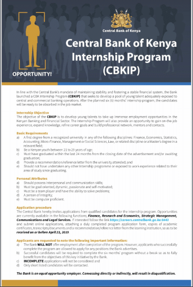 Central Bank of Kenya ‏Internship Programme 2021 for Graduate Kenyans