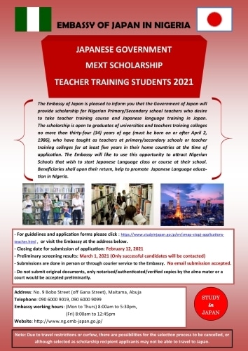 Japanese Government MEXT Scholarships [Embassy Track] 2022 for Teacher Training Students