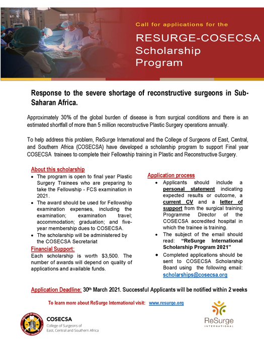 ReSurge-COSECSA Scholarship Program 2022 for African Medical Students