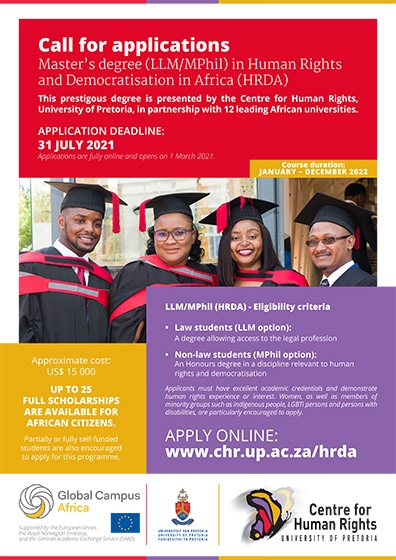 Apply: University of Pretoria Scholarships for Masters in Human Rights and Democratization in Africa 2023