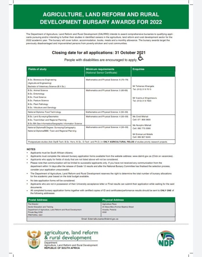 Department of Agriculture Land Reform and Rural Development (DALRRD) Bursary 2023 for South Africans