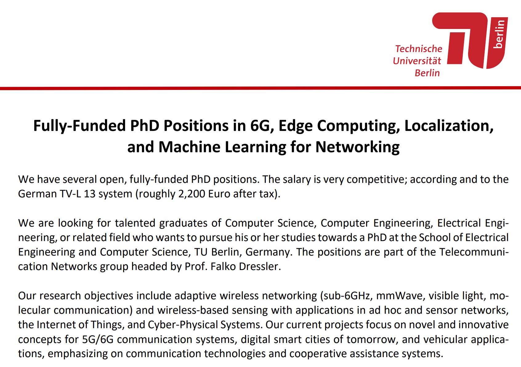 soep onenigheid Woord TU Berlin PhD Positions (Fully-Funded) in 6G, Edge Computing, Localization  and Machine Learning for Networking 2021 | After School Africa