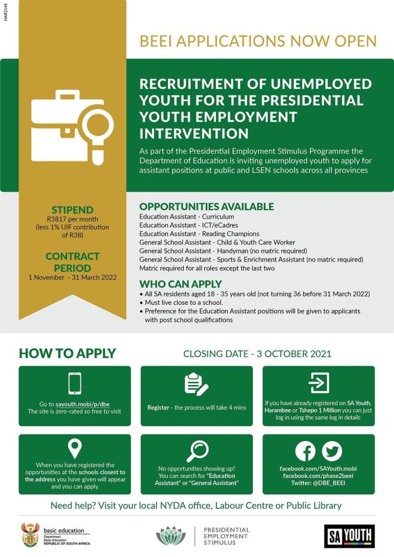 Deadline Extended: Applications for Phase II of 287,000 SA Youth Basic Education Employment Initiative (BEEI) for Unemployed Youth