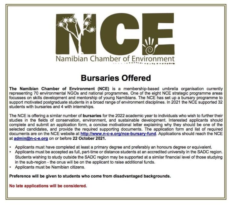 Namibia Chamber of Environment (NCE) Bursary 2022 for Namibian Post-Graduate Students