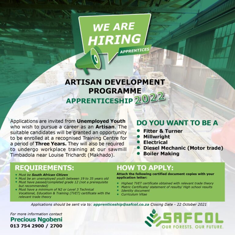 SAFCOL Artisan Development Apprenticeship Programme 2022 for Unemployed South African Youths