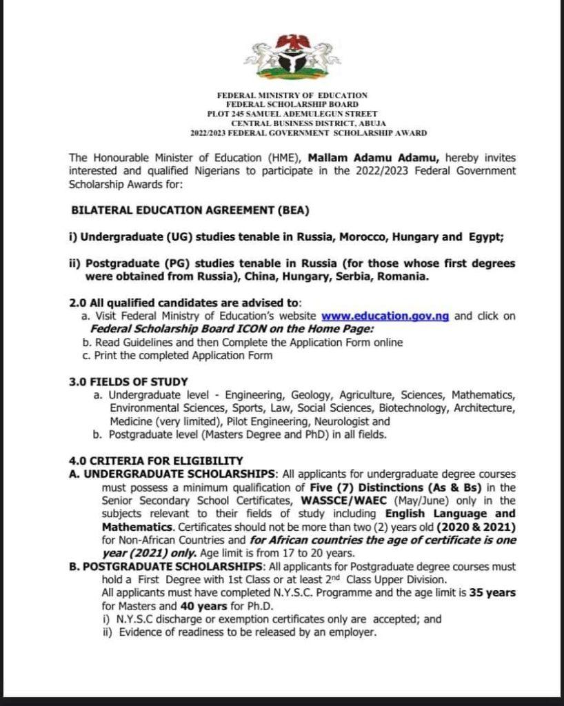 Federal Government Scholarship 2023/2024 for Nigerian Undergraduate