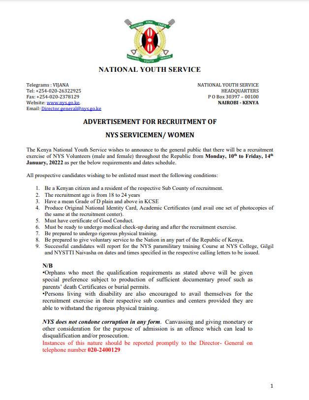 Kenya National Youth Service 2022 Recruitment of NYS Volunteers