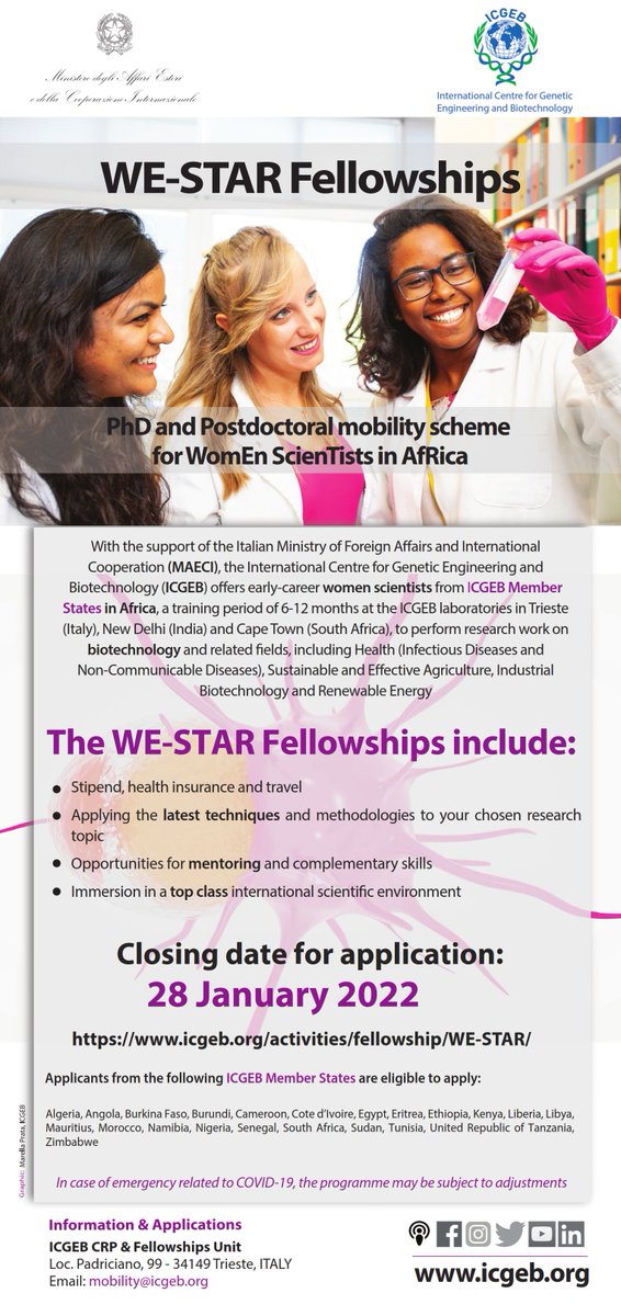 WE-STAR Fellowships PhD and Postdoctoral mobility scheme 2022 for WomEn ScienTists in AfRica