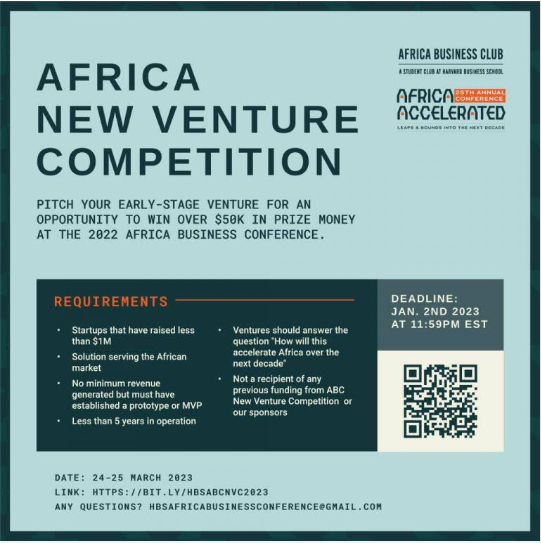 Harvard Business School Africa Business Club (HBSABC) New Venture Competition 2023 for Early Stage African Startups ($10,000 Cash Prize)