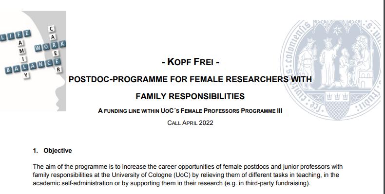 KOPF FREI PostDoc Scholarship 2022 for Women Researchers with Family Responsibilities