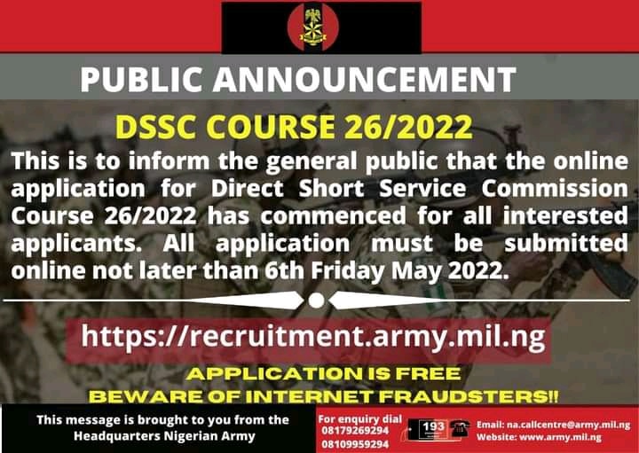 Nigeria Army Direct Short Service Commission (DSSC) Course Recruitment 2022