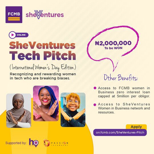 SheVentures First City Monument Bank Tech Pitch 2022 for women in tech (Two million Naira Cash Prize)