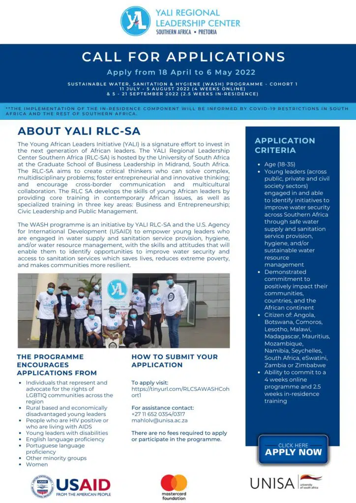 YALI RLC South Africa Sustainable Water, Sanitation & Hygiene (WASH) Programme Cohort 1 – Call for Applications