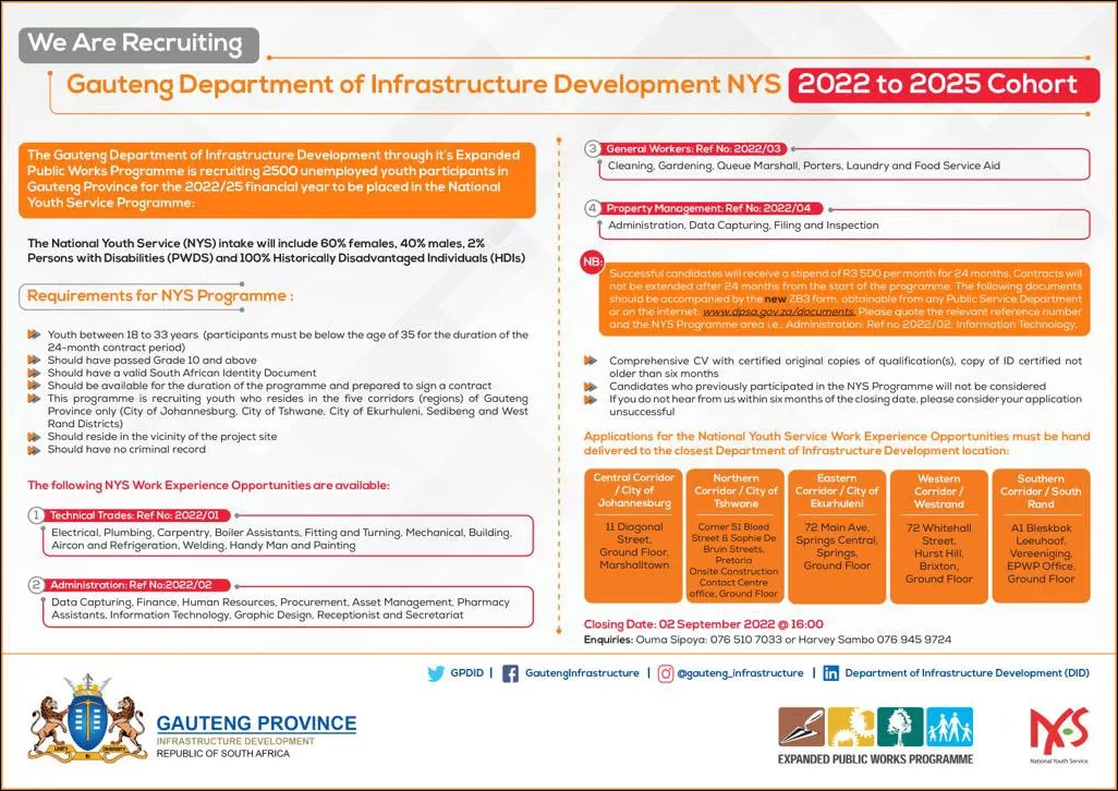 2500 Gauteng Department of Infrastructure Development National Youth Service (NYS) 2022/2025 Cohort Application
