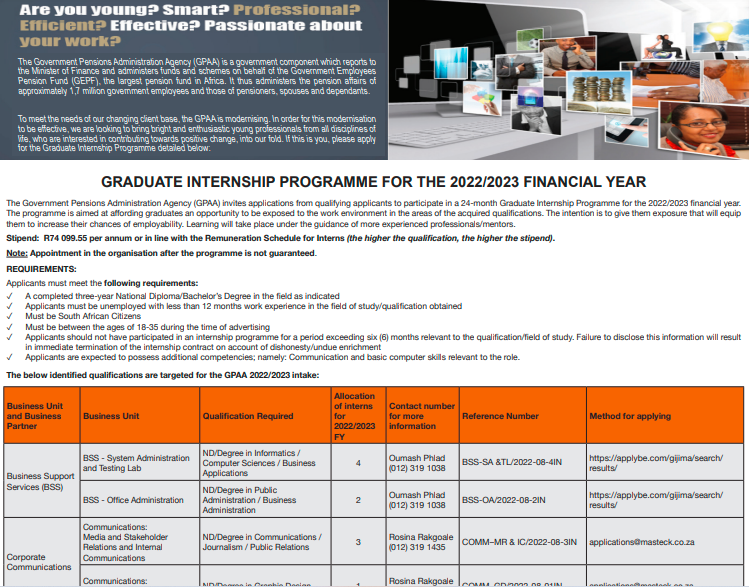 Government Pensions Administration Agency (GPAA) Graduate Internship 2022/2023 for South Africans