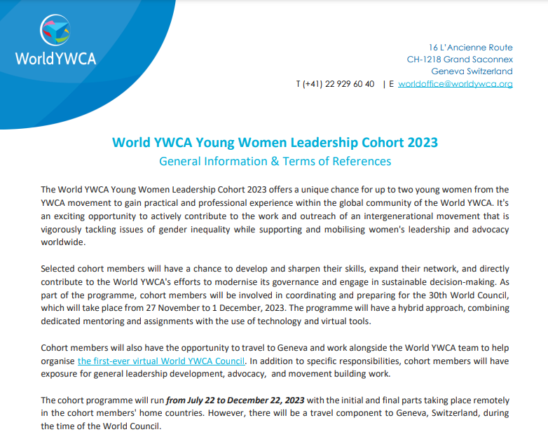 World YWCA Leadership Cohort 2023 for Young Women – Call for Applications (Fully-funded to Geneva, Switzerland)