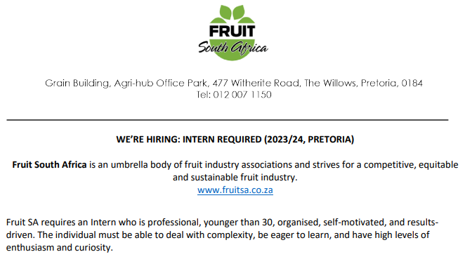 Fruit South Africa Internship 2023 for South Africans