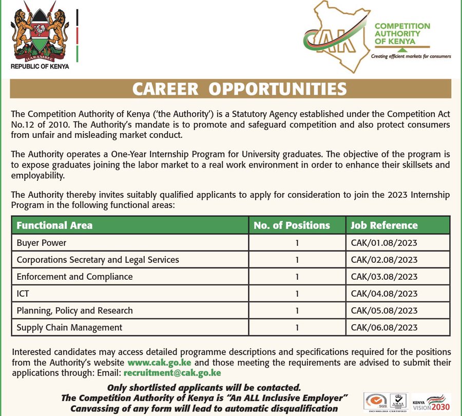 Competition Authority of Kenya 2023 Internship Program for Fresh Graduates