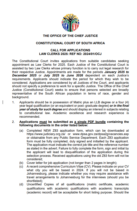 Constitutional Court of South Africa Clerkshiip Programme 2025 Call for Applications