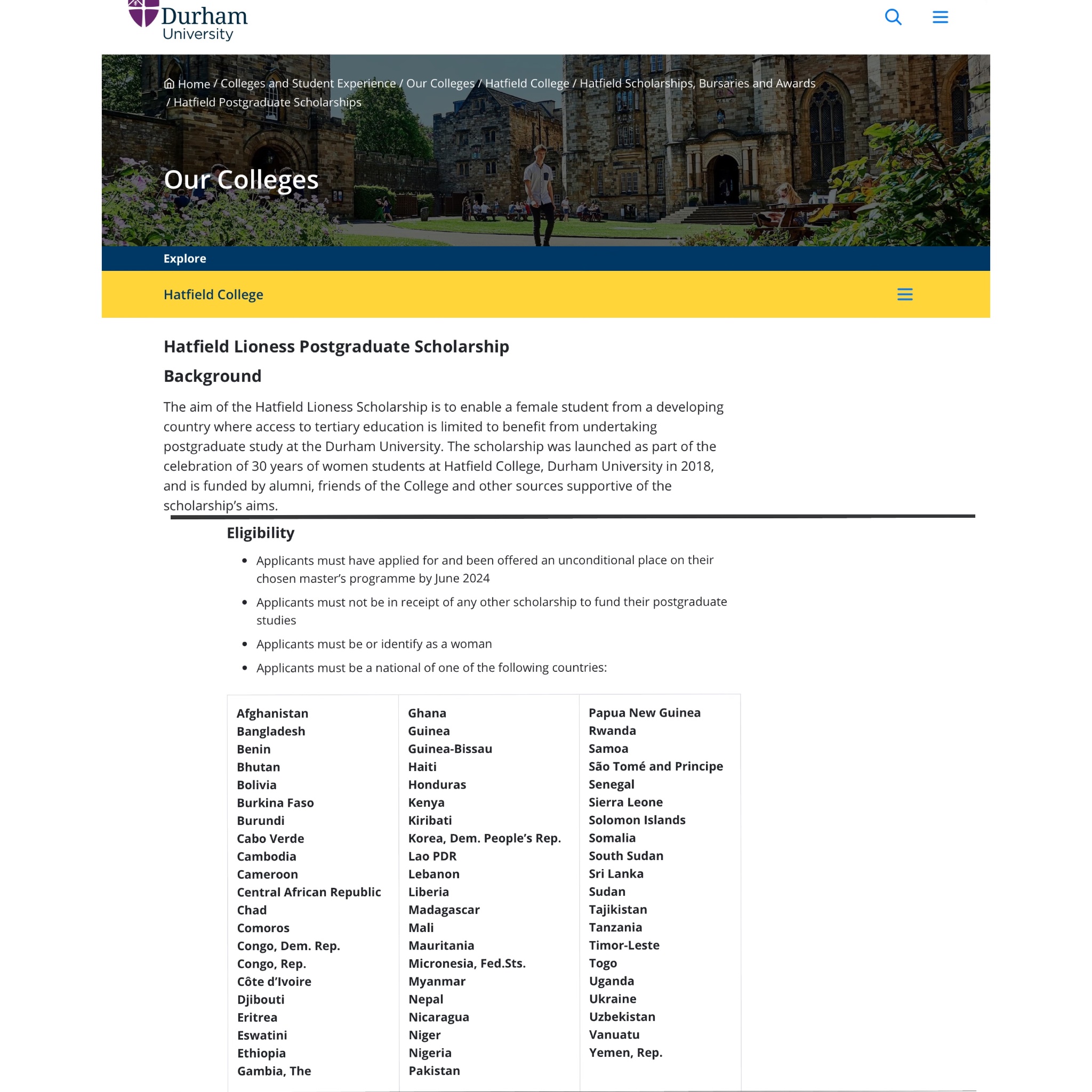 Durham University Hatfield Lioness Scholarship 2024/2025 for Female