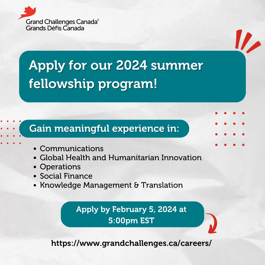 Grand Challenges Canada’s 2024 Summer Fellowship Program (Fullyfunded)