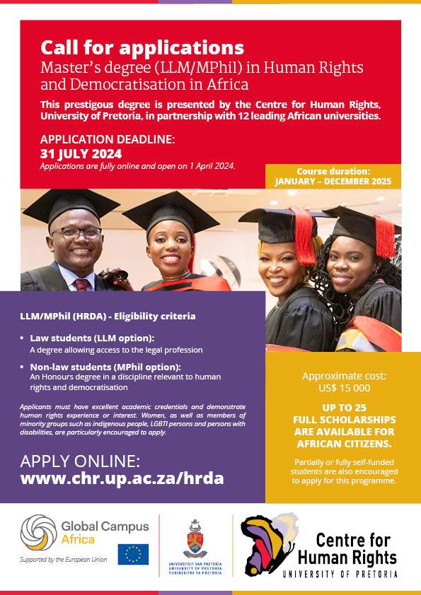 Apply: University of Pretoria Scholarships for Masters in Human Rights and Democratization in Africa 2025